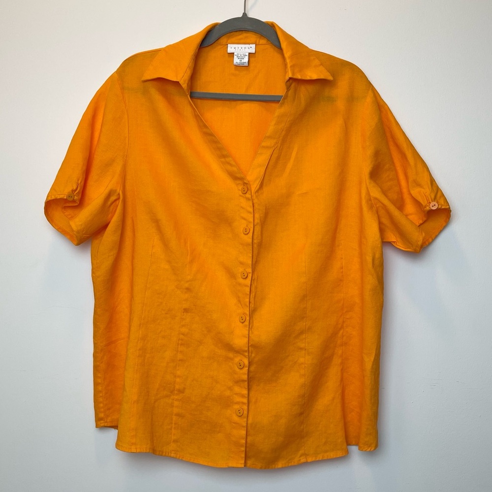 Tweeds Bright Orange 100% Linen Vintage Button Down Short Sleeve Shirt